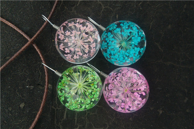 MANUAL DANDELION CLOVERS LACE DRIED FLOWER GLASS BALL TIME GEM CLAVICLE PENDANT NECKLACE