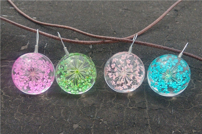 MANUAL DANDELION CLOVERS LACE DRIED FLOWER GLASS BALL TIME GEM CLAVICLE PENDANT NECKLACE