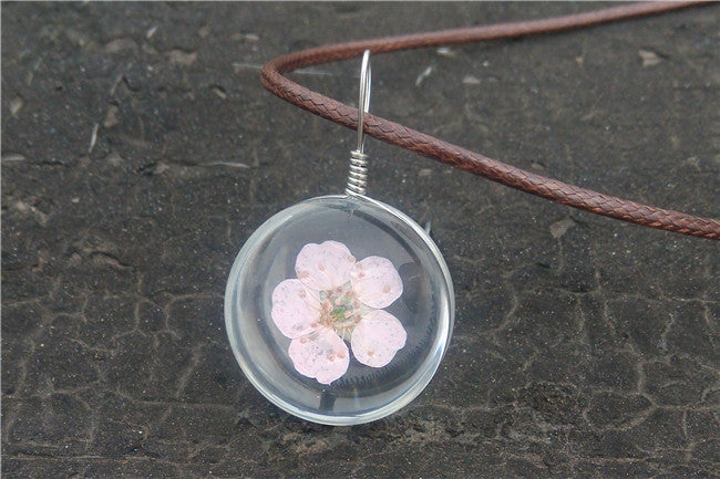 MANUAL DANDELION CLOVERS LACE DRIED FLOWER GLASS BALL TIME GEM CLAVICLE PENDANT NECKLACE