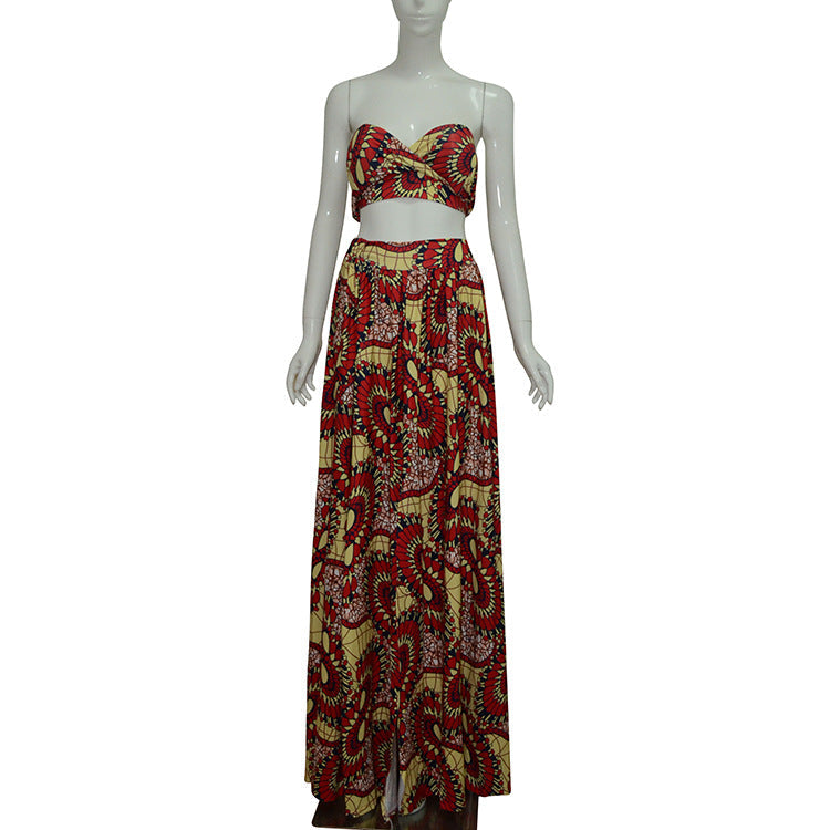 FLORAL PRINT STRAPLESS CROP TOP WITH HIGH-WAISTED LONG SKIRT TWO PIECES DRESS SET