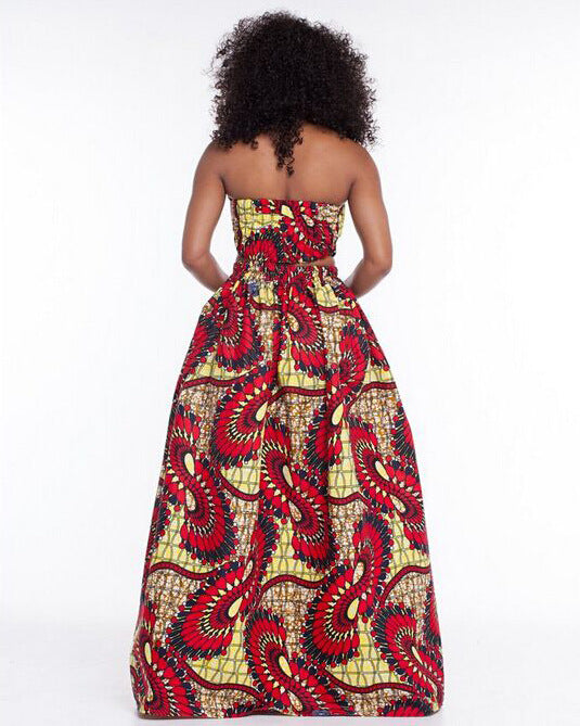 FLORAL PRINT STRAPLESS CROP TOP WITH HIGH-WAISTED LONG SKIRT TWO PIECES DRESS SET