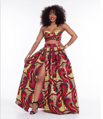 FLORAL PRINT STRAPLESS CROP TOP WITH HIGH-WAISTED LONG SKIRT TWO PIECES DRESS SET