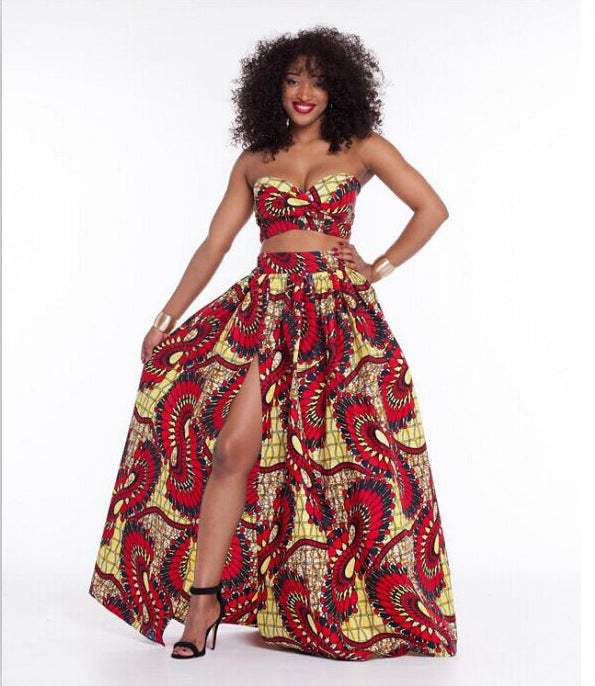 FLORAL PRINT STRAPLESS CROP TOP WITH HIGH-WAISTED LONG SKIRT TWO PIECES DRESS SET