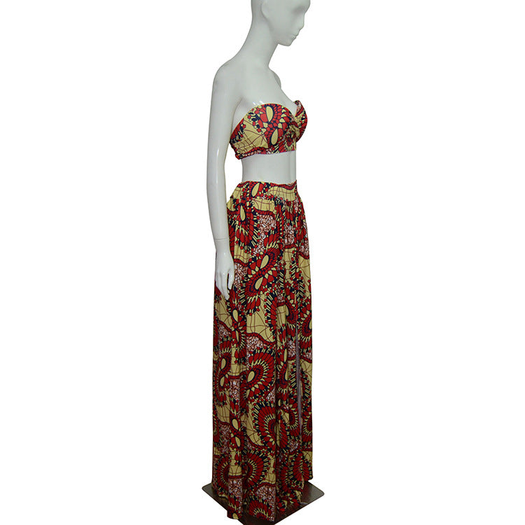 FLORAL PRINT STRAPLESS CROP TOP WITH HIGH-WAISTED LONG SKIRT TWO PIECES DRESS SET