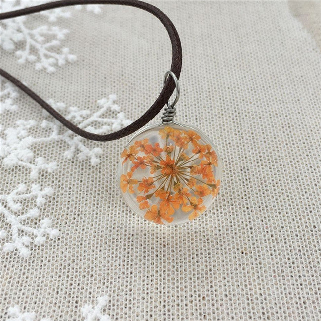 MANUAL DANDELION CLOVERS LACE DRIED FLOWER GLASS BALL TIME GEM CLAVICLE PENDANT NECKLACE