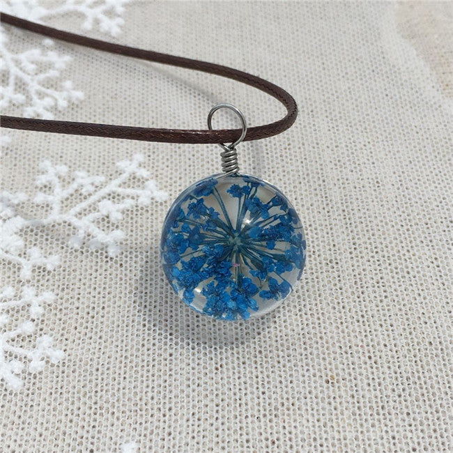 MANUAL DANDELION CLOVERS LACE DRIED FLOWER GLASS BALL TIME GEM CLAVICLE PENDANT NECKLACE