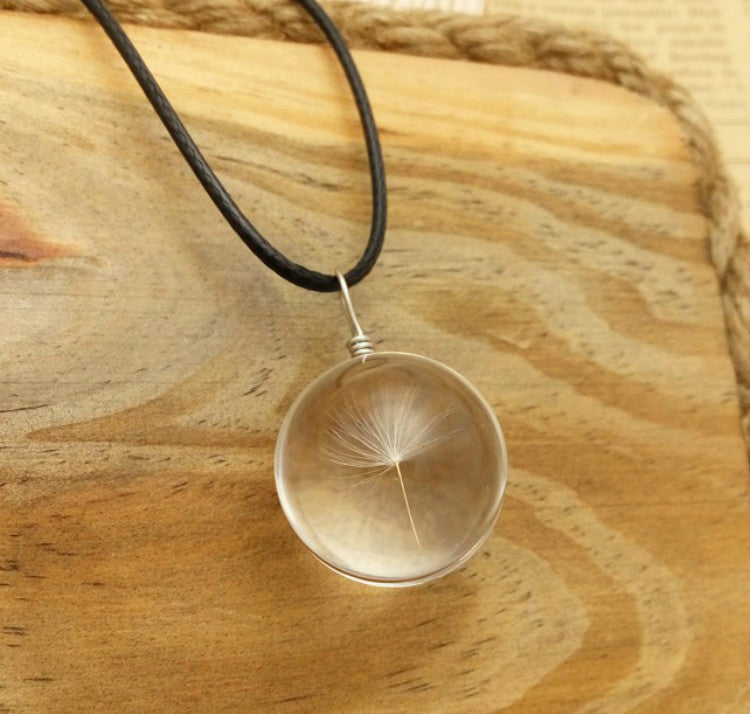 MANUAL DANDELION CLOVERS LACE DRIED FLOWER GLASS BALL TIME GEM CLAVICLE PENDANT NECKLACE