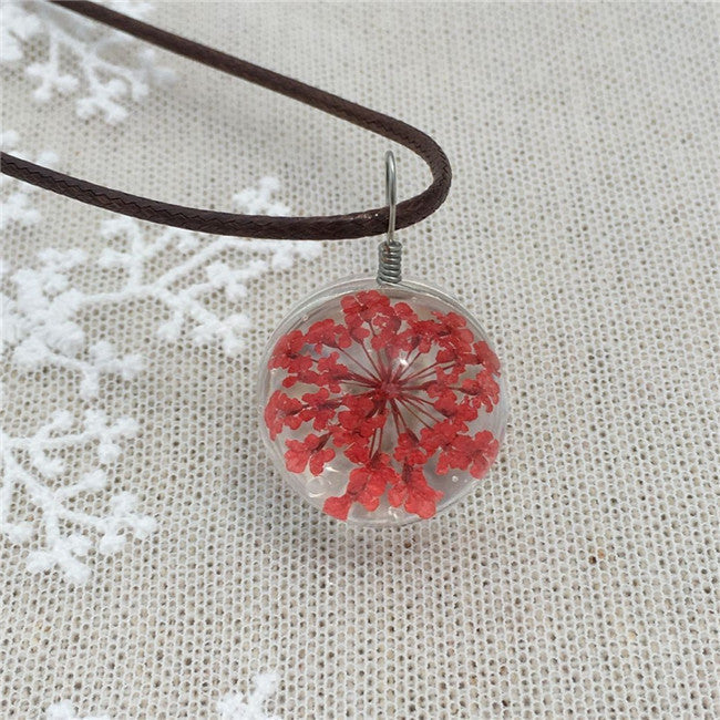 MANUAL DANDELION CLOVERS LACE DRIED FLOWER GLASS BALL TIME GEM CLAVICLE PENDANT NECKLACE