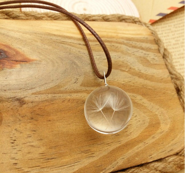 MANUAL DANDELION CLOVERS LACE DRIED FLOWER GLASS BALL TIME GEM CLAVICLE PENDANT NECKLACE
