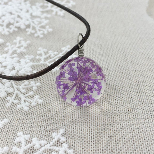 MANUAL DANDELION CLOVERS LACE DRIED FLOWER GLASS BALL TIME GEM CLAVICLE PENDANT NECKLACE