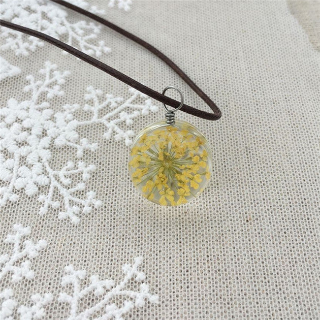 MANUAL DANDELION CLOVERS LACE DRIED FLOWER GLASS BALL TIME GEM CLAVICLE PENDANT NECKLACE