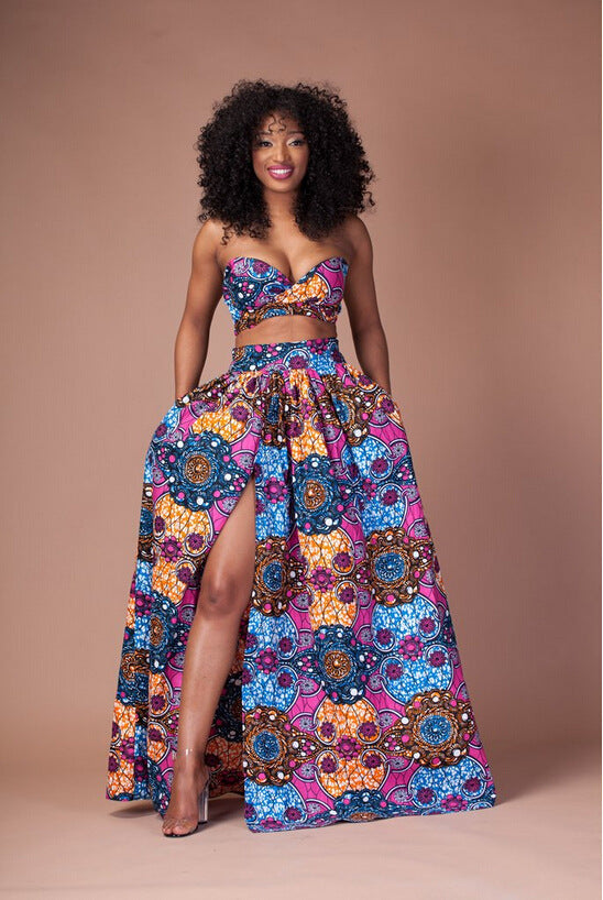 FLORAL PRINT STRAPLESS CROP TOP WITH HIGH-WAISTED LONG SKIRT TWO PIECES DRESS SET