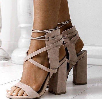SUEDE CROSS STRAP CHUNKY HEEL SANDALS