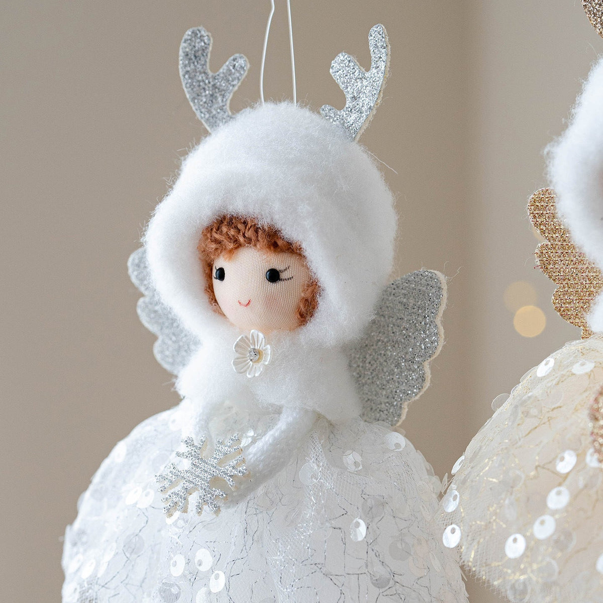 Christmas Decor Mesh Furry Hat Antlers Angel Eyes Girl