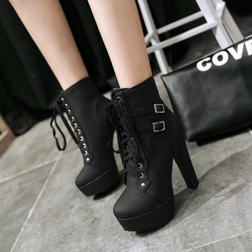 PLUS SIZE PLATFORM HIGH HEELS ROUND HEAD SHORT MARTIN BOOTS