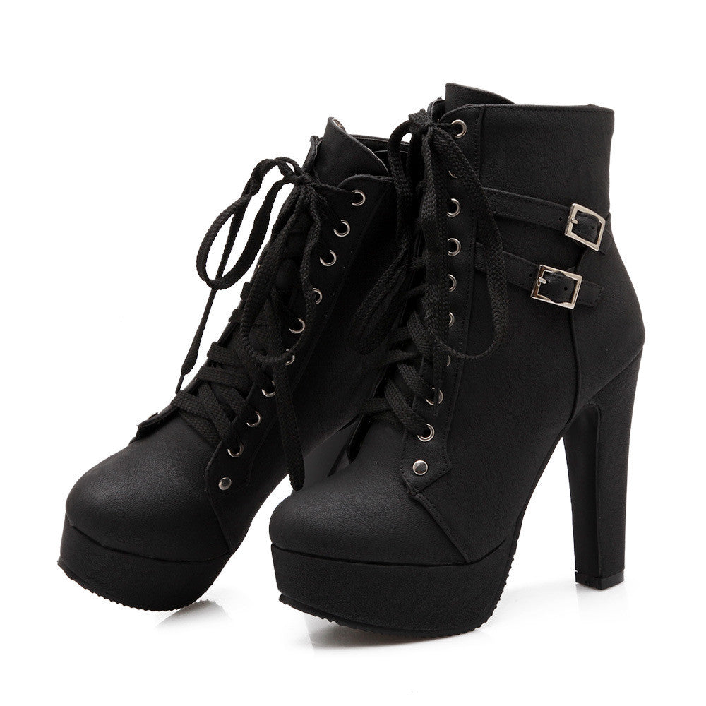 PLUS SIZE PLATFORM HIGH HEELS ROUND HEAD SHORT MARTIN BOOTS