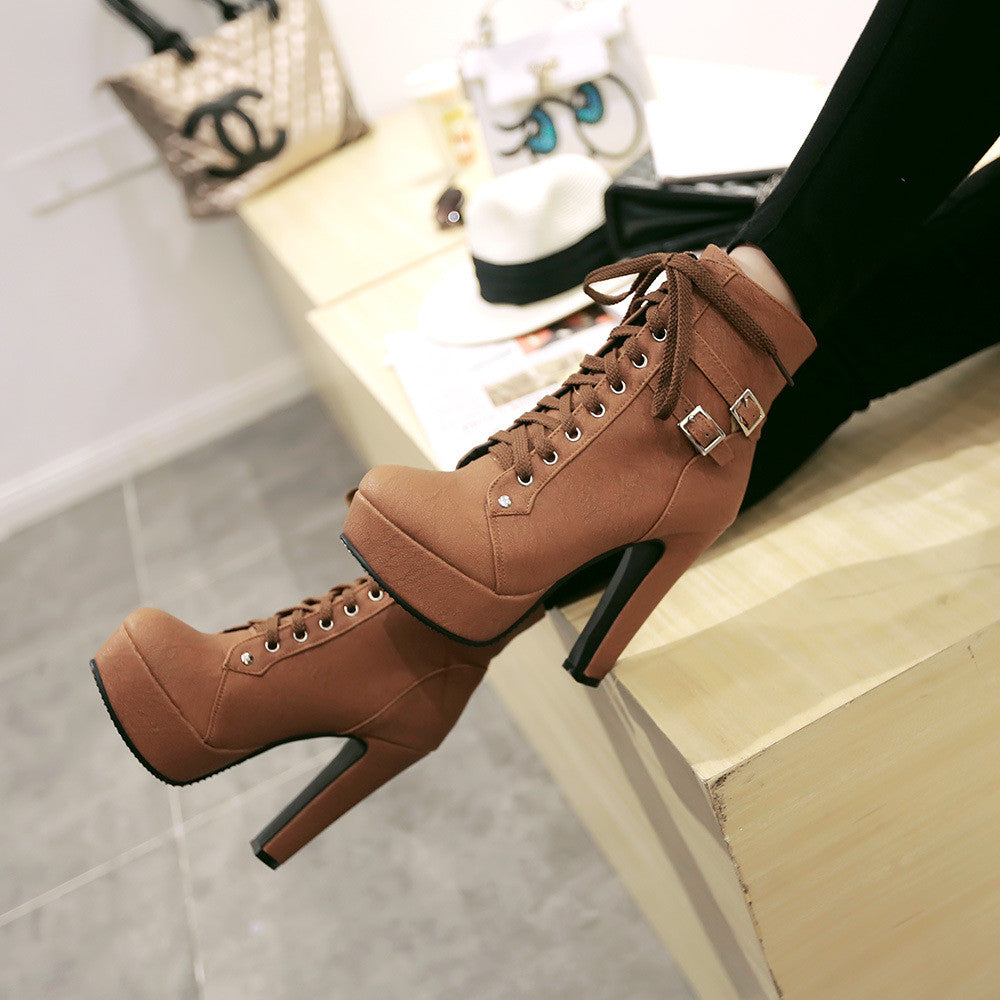 PLUS SIZE PLATFORM HIGH HEELS ROUND HEAD SHORT MARTIN BOOTS