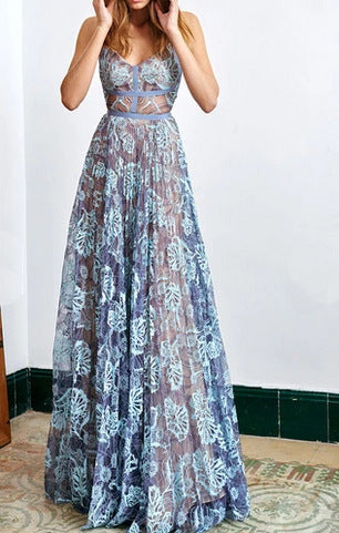 FASHION SPAGHETTI STRAP MESH PRINT LONG DRESS
