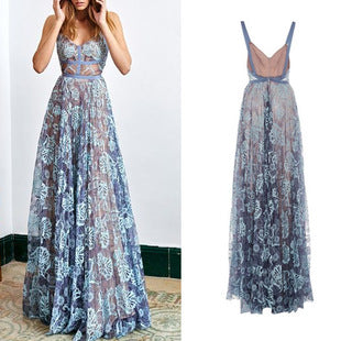 FASHION SPAGHETTI STRAP MESH PRINT LONG DRESS