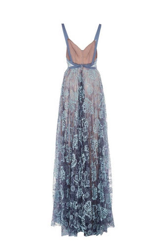 FASHION SPAGHETTI STRAP MESH PRINT LONG DRESS