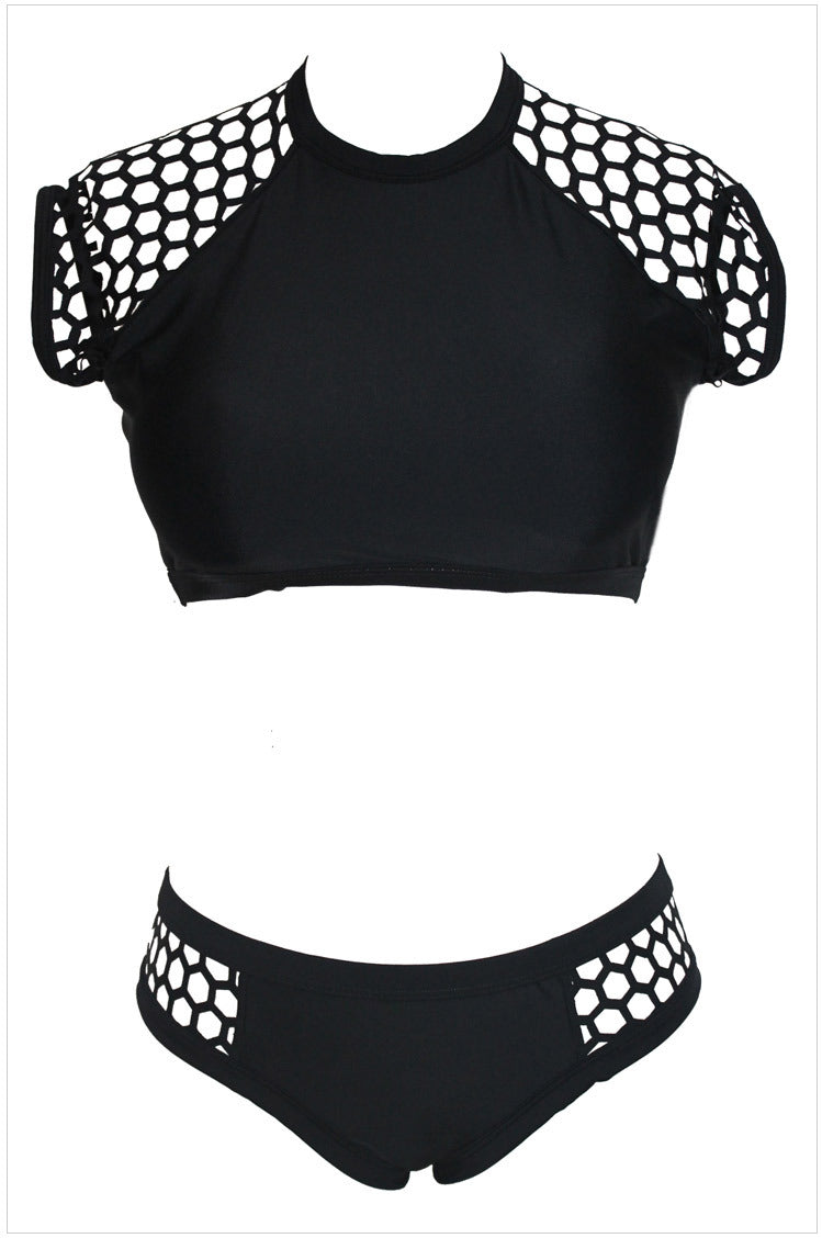 HOLLOW PATCHWORK SOLID TWO PIECES SWIMWEAR BIKINI SET