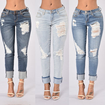 9/10 HOLES RIPPED STRAIGHT SLIM BEGGAR EDGE JEANS