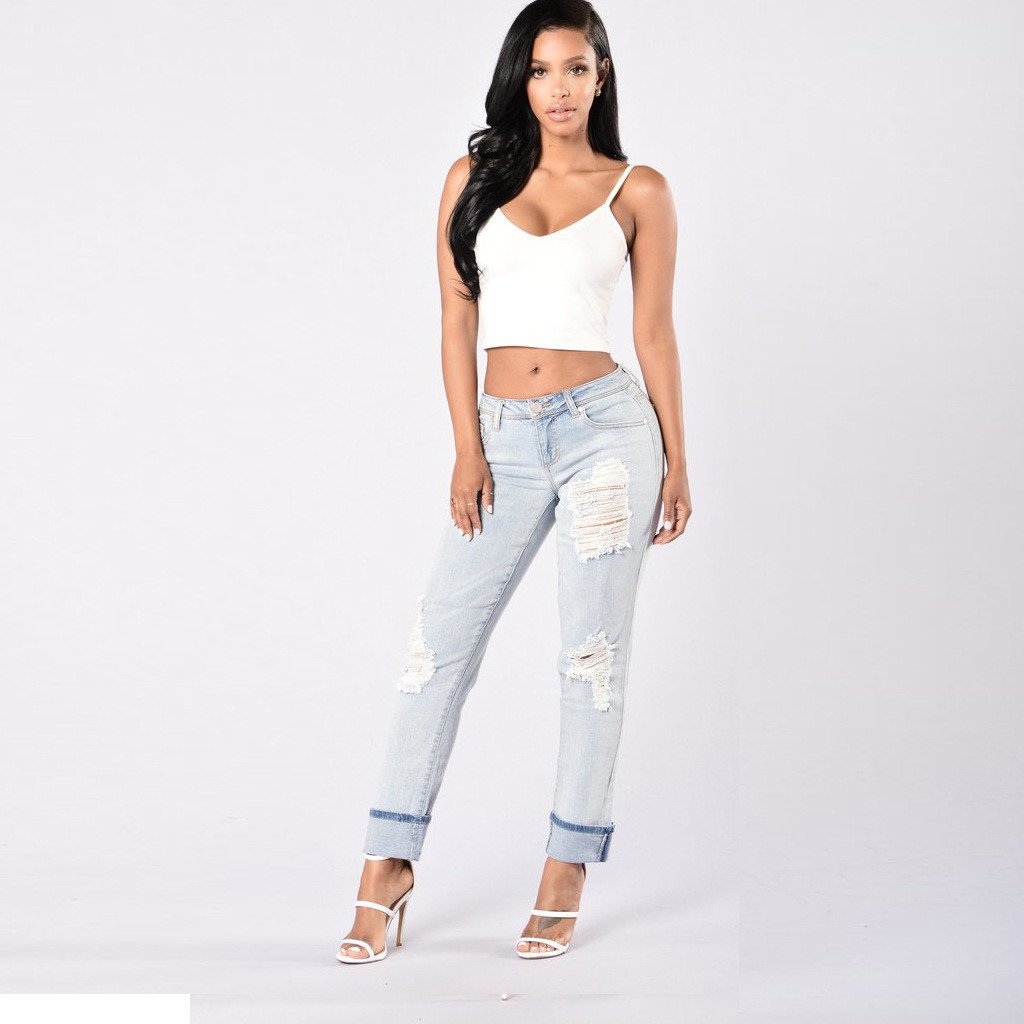 9/10 HOLES RIPPED STRAIGHT SLIM BEGGAR EDGE JEANS