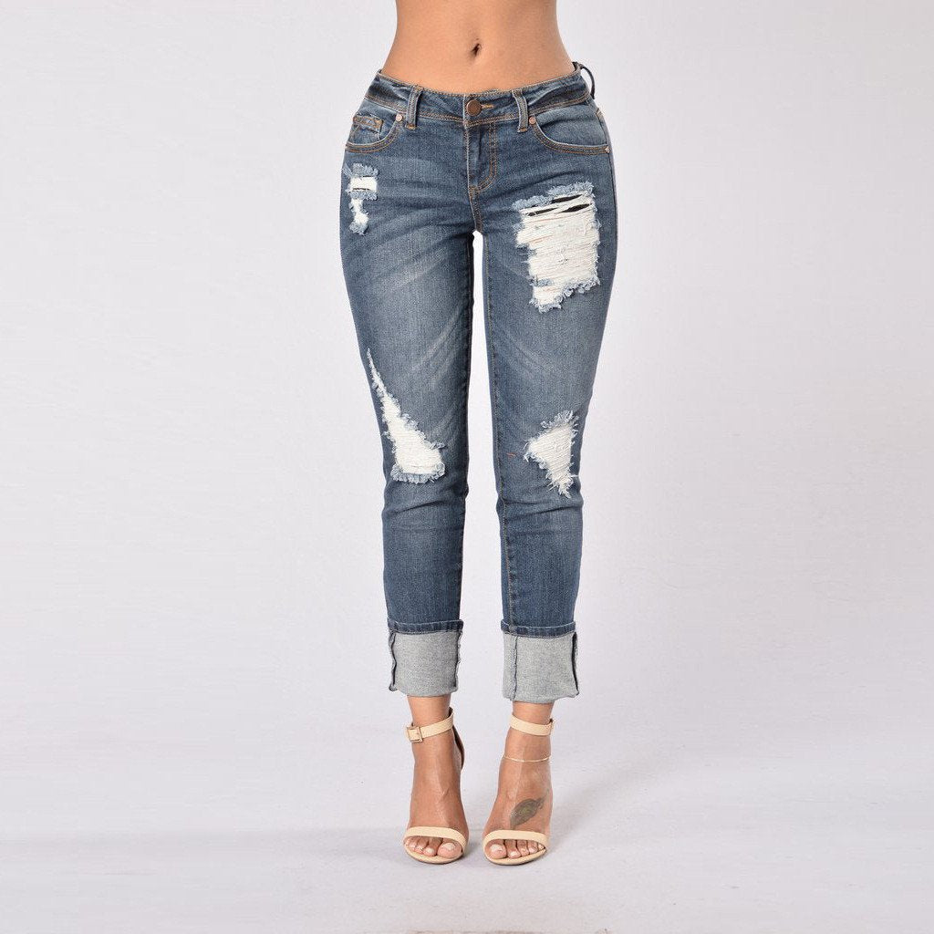 9/10 HOLES RIPPED STRAIGHT SLIM BEGGAR EDGE JEANS