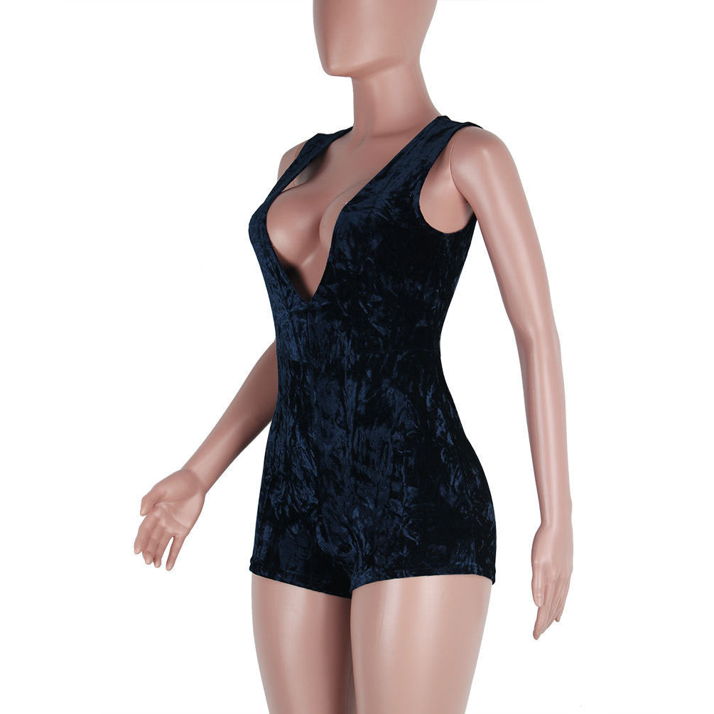 DEEP V-NECK SLEEVELESS PURE COLOR SHORT SLIM JUMPSUIT