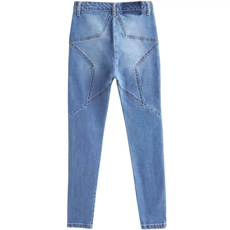 STAR PATTERN PATCHWORK HIGH WAIST 9/10 JEANS DENIM PANTS