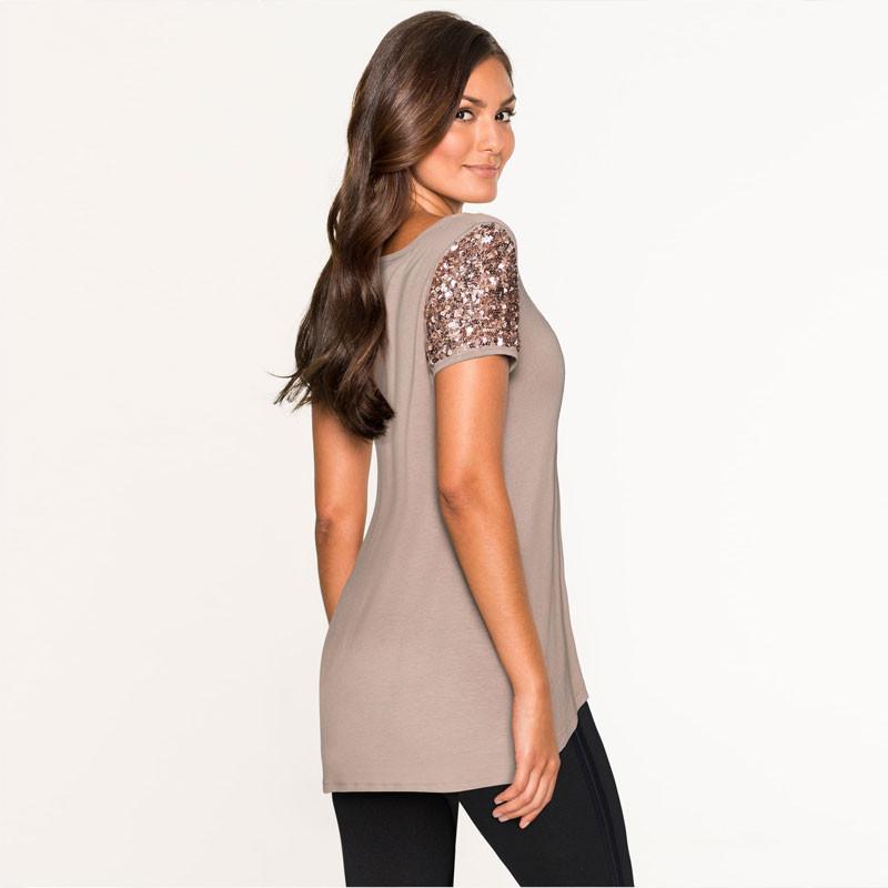 CLEARENCE SEQUINS SHORT SLEEVE PATCHWORK SCOOP IRREGULAR T-SHIRT
