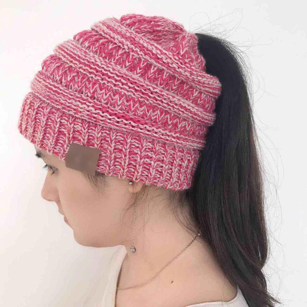 WOMEN'S WINTER OUTDOOR WARM WOOL HAT EMPTY TOP HORSETAIL KNITTED HAT