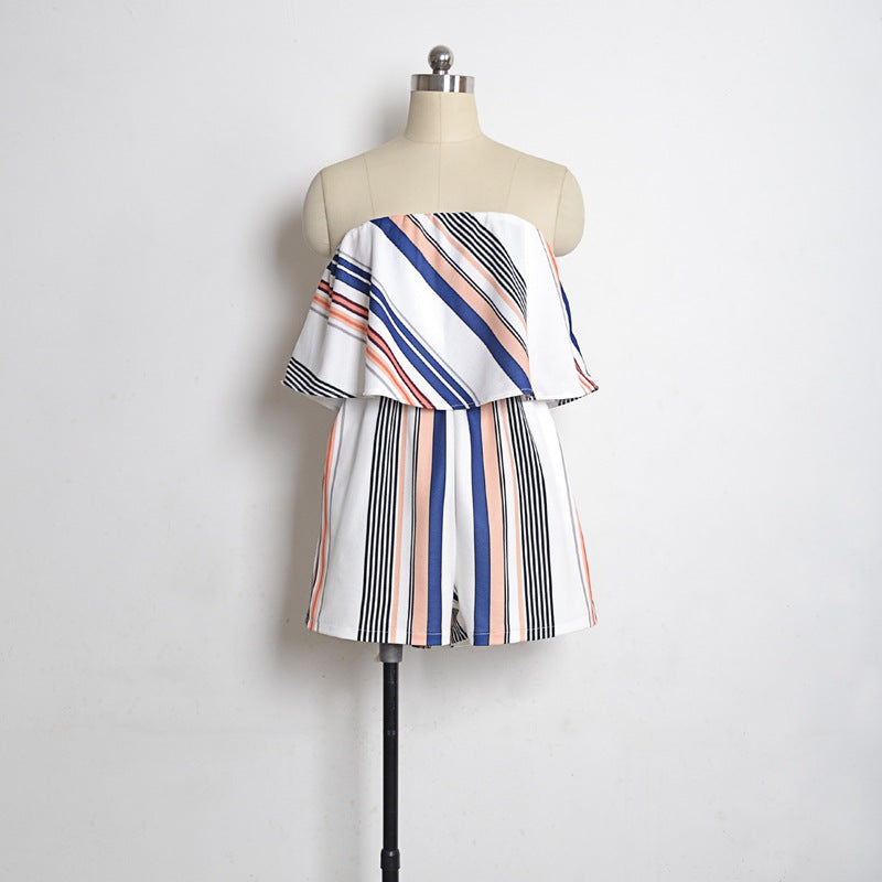 OFF SHOULDER STRAPLESS STRIPED SHORT JUMPSUIT