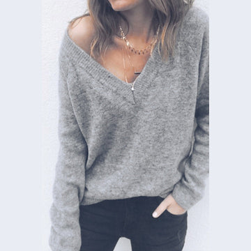 LARGE V-NECK PURE COLOR LONG SLEEVES REGULAR BLOUSE