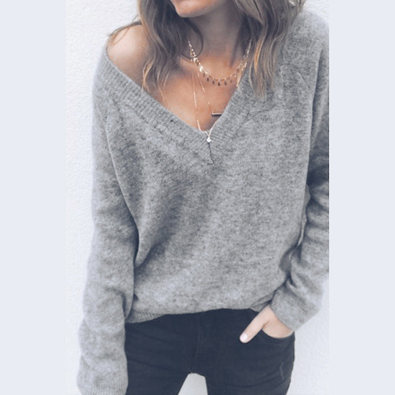 LARGE V-NECK PURE COLOR LONG SLEEVES REGULAR BLOUSE