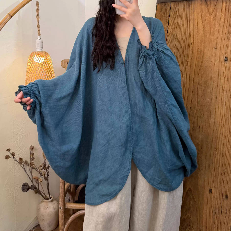Vintage Linen V-Neck Loose Wide Sleeves Thin Breathable Tops