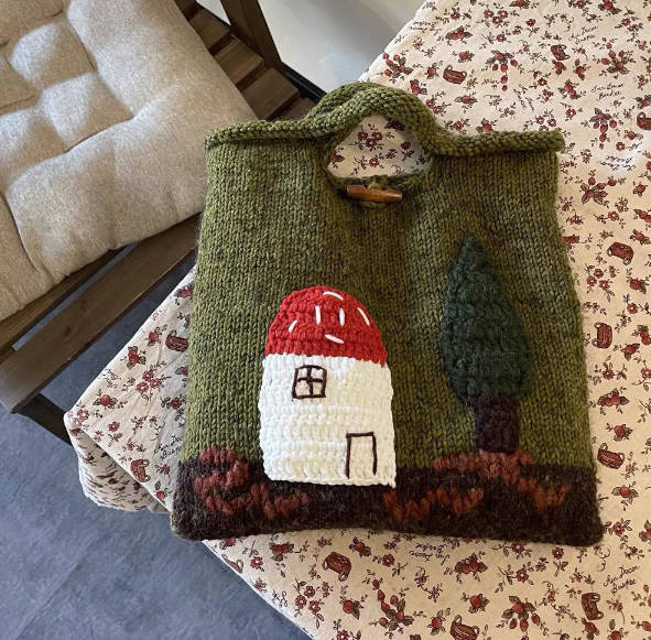 Vintage Forest Mushroom House Hand-knitted Tweed Tote Bag