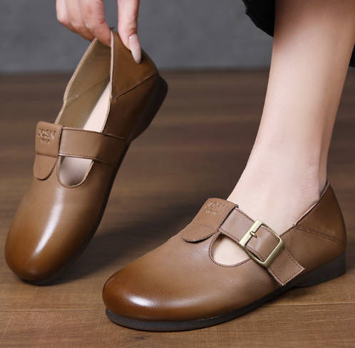 Spring Retro Soft Sole Leather Round Toe Buckle Birkenstock-style Flats
