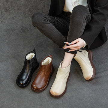 Winter Retro Leather Round Toe Wool-Lined Zipper Ankle Boots