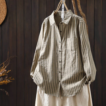 Autumn Cotton Retro Simple Striped Versatile Casual Shirt