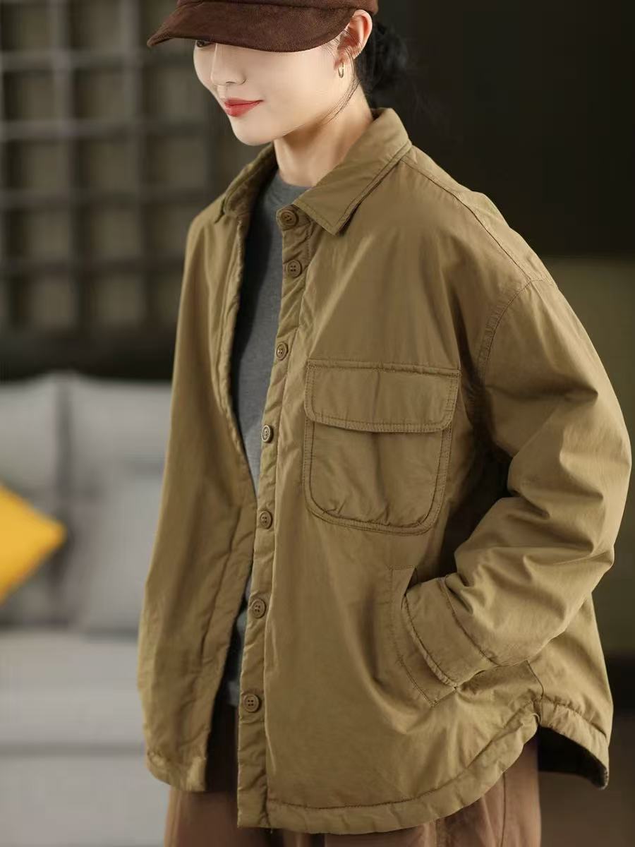 Winter Casual Cotton Solid Color Cotton-In Warm Thick Shirt Coat