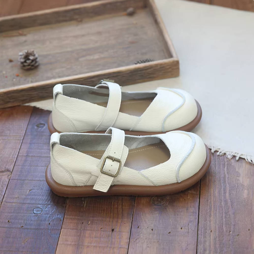 Round Toe Leather Shallow Retro One Straped Soft Sole Sandale