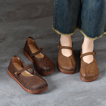 Retro Leather Thick Flat Soft Sole One Straped Casual Sandals