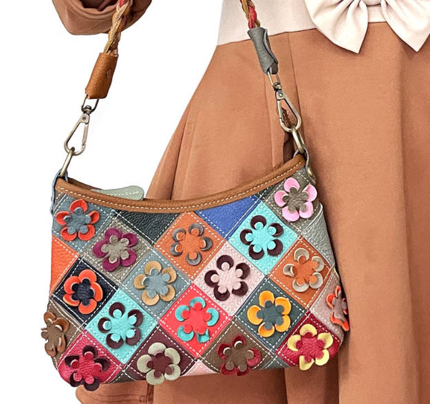 Leather Patchwork Flower Diamond Pattern Color-Block Casual Crossbody Handbag