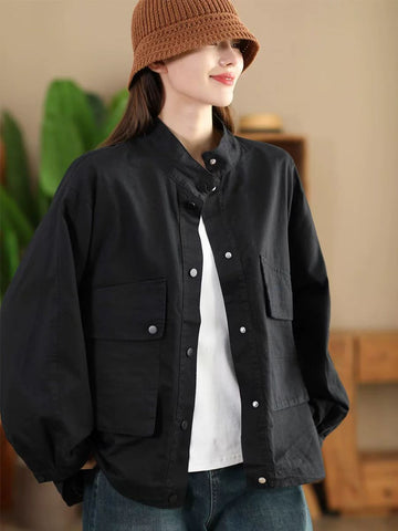 Vintage Cotton Casual Stand Collar Plus Pocket Loose Jacket