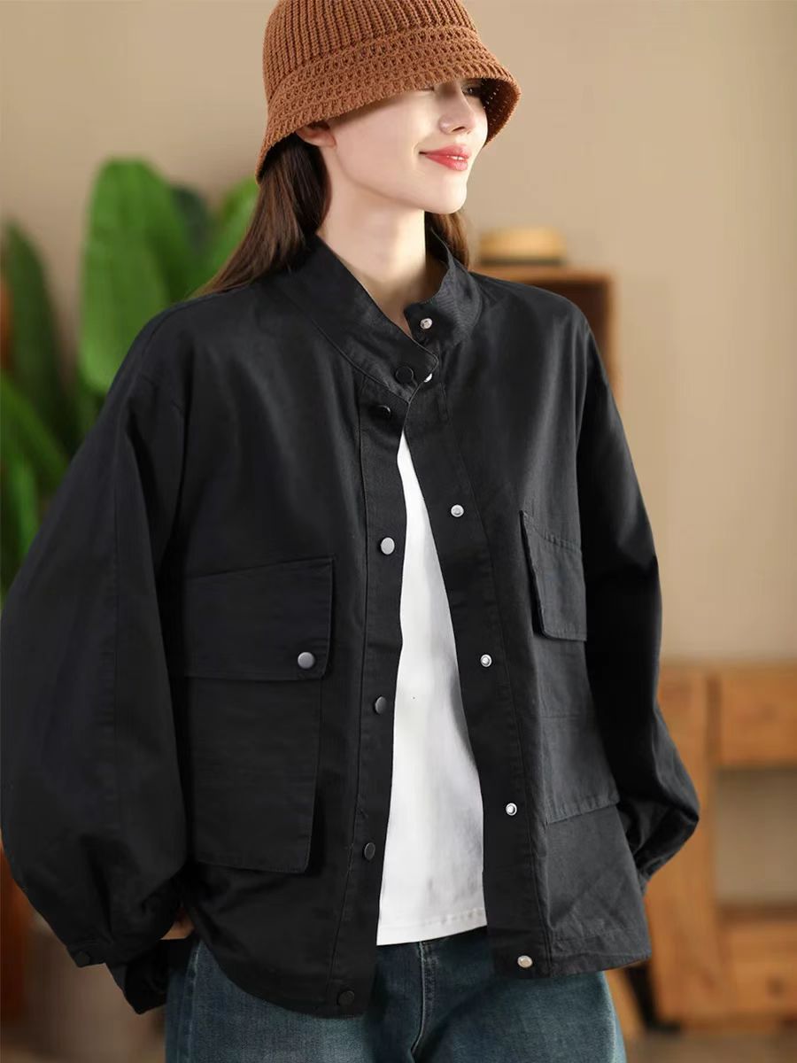 Vintage Cotton Casual Stand Collar Plus Pocket Loose Jacket