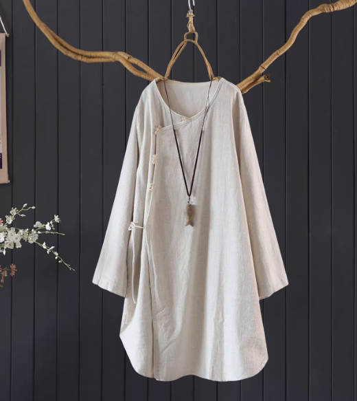 Casual Solid Color Cotton & Ramie Belt Long Sleeve Round Neck Top