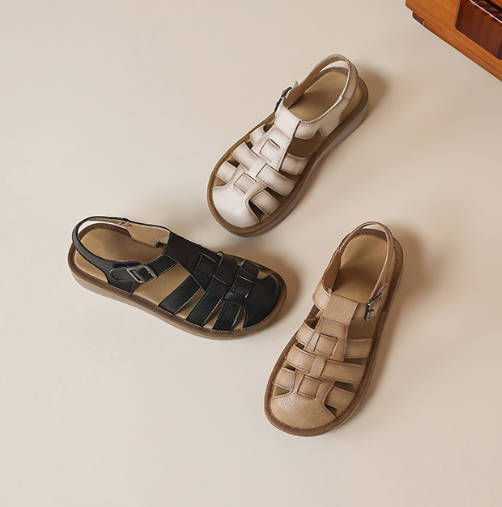 Retro Women Soft Leather Closed Toe Woven Roman Sandals Flats