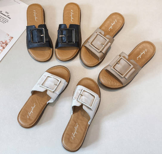 Summer Versatile Women Open Toe Genuine Leather Soft Slide Sandals