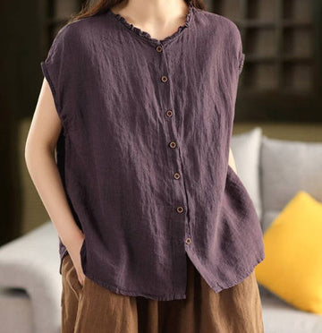 Summer Retro Sleeveless Ruffle Loose Fit Cotton Linen Top
